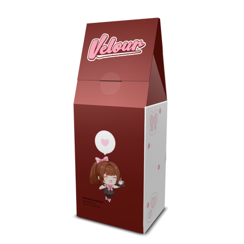 Velour anime medium-dark roast coffee bag art by Waifee, front and side view