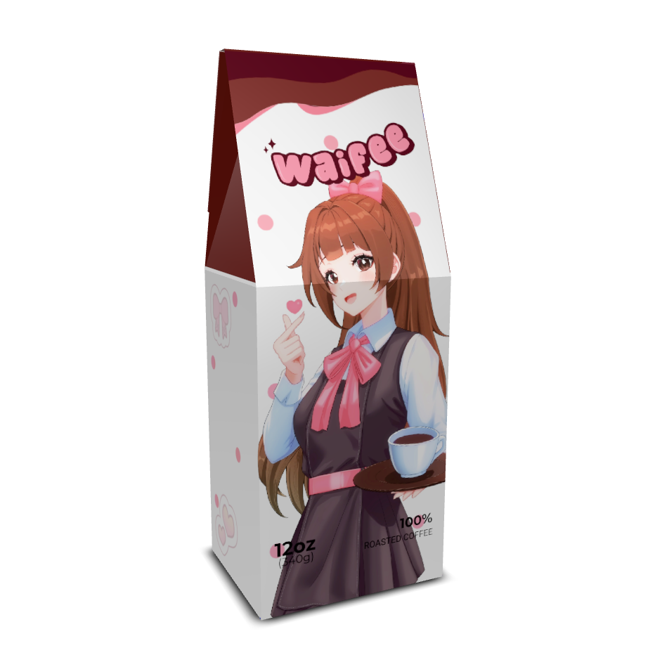 Velour anime medium-dark roast coffee bag with original character art